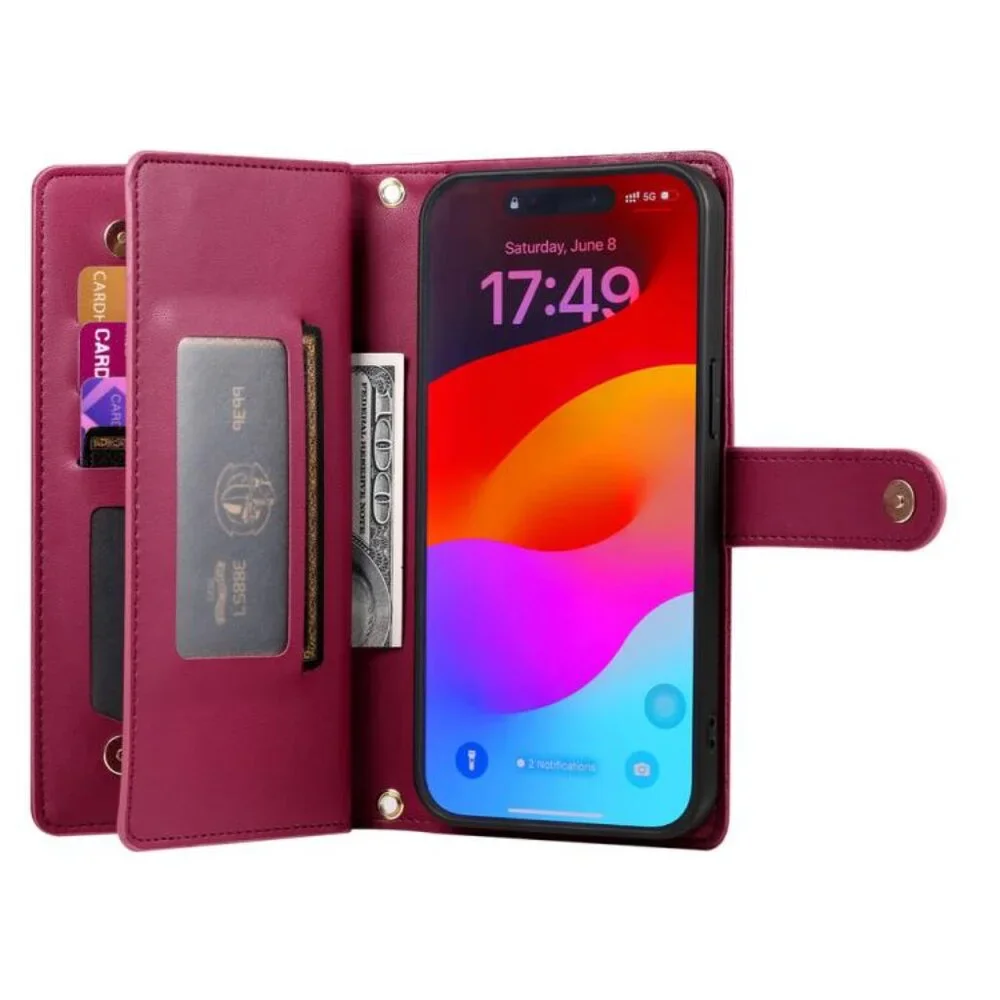 For iPhone 17 Pro Max Nine Card-slot Zipper Wallet Bag Leather Phone Case(Red)